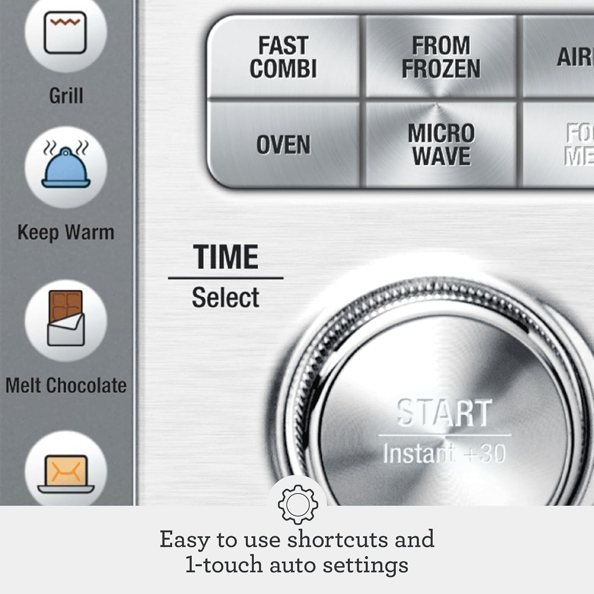 Sage the Combi Wave 3 in 1 control panel with Fast Combi, From Frozen, Air Fry, Oven and Microwave shortcuts, official detail