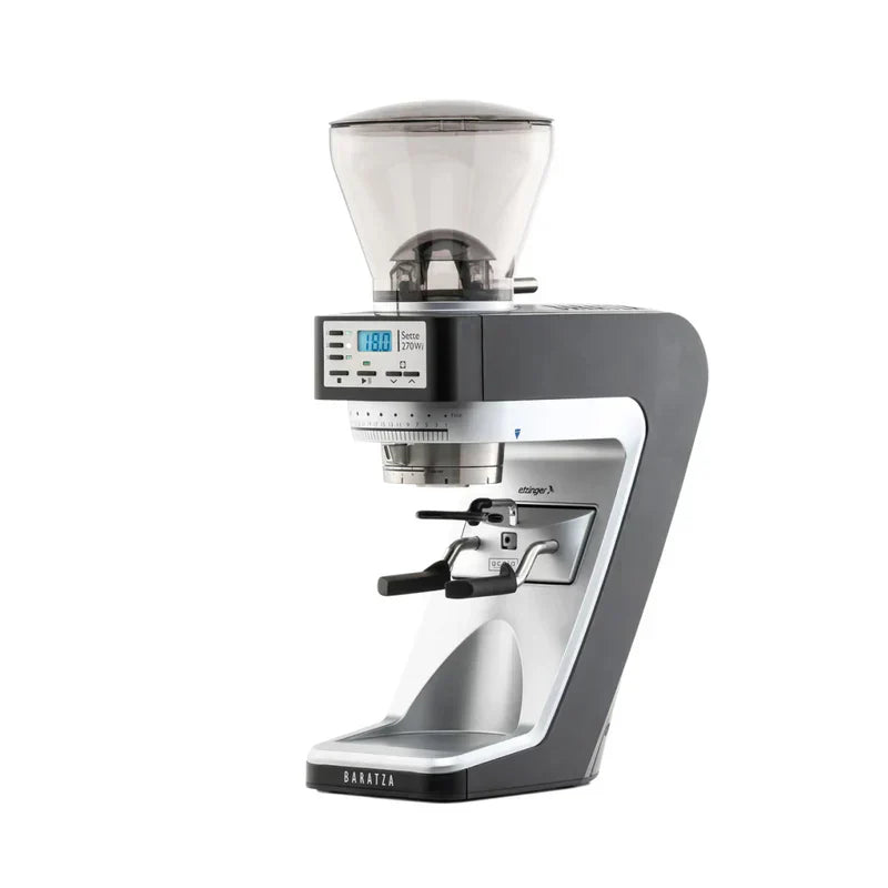 Baratza Sette 270Wi three-quarter view with a portafilter resting on the convertible device arms, official photography