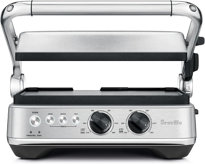 Sage the BBQ & Press Grill with the lid raised, showing the ceramic plates and twin dials, official front view