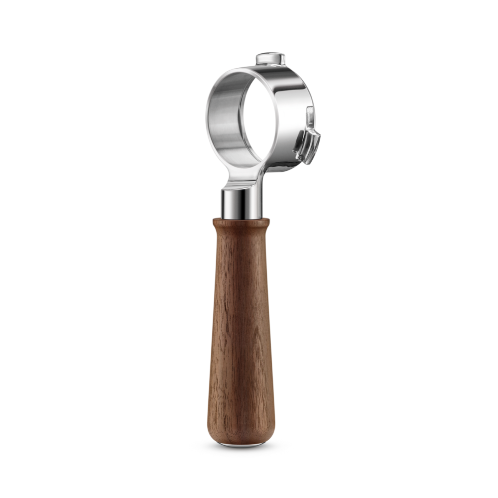 The Sage Naked Portafilter 54 mm with its walnut handle