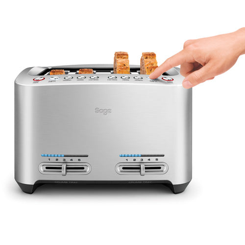 A hand pressing the button on Sage the Smart Toast 4-Slice with two slices of toast raised, official view