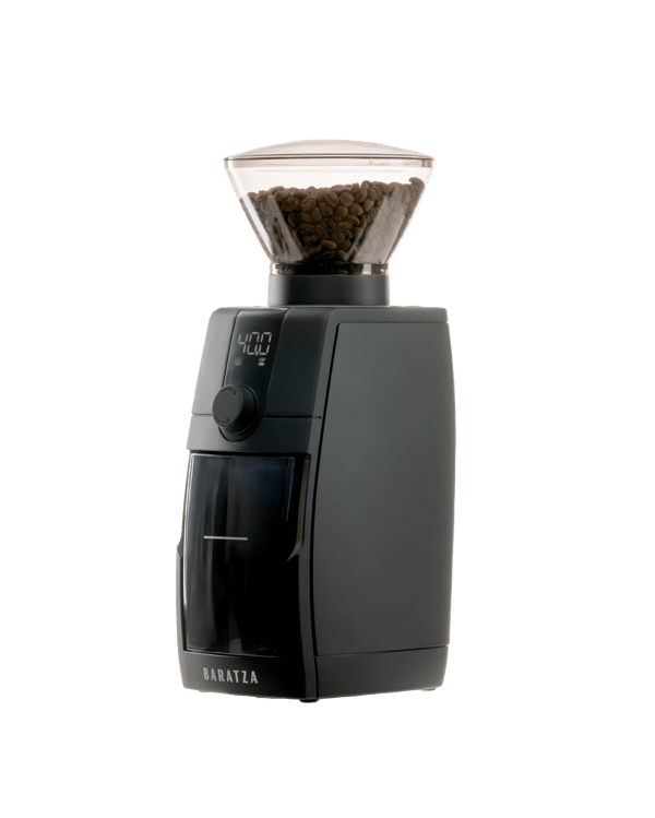 Baratza Encore ESP Pro in black with hopper and beans, three-quarter view, official photography