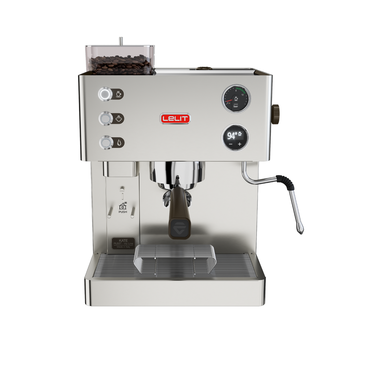 Lelit Kate PL82T in brushed stainless steel, with the external bean hopper on top, official photography