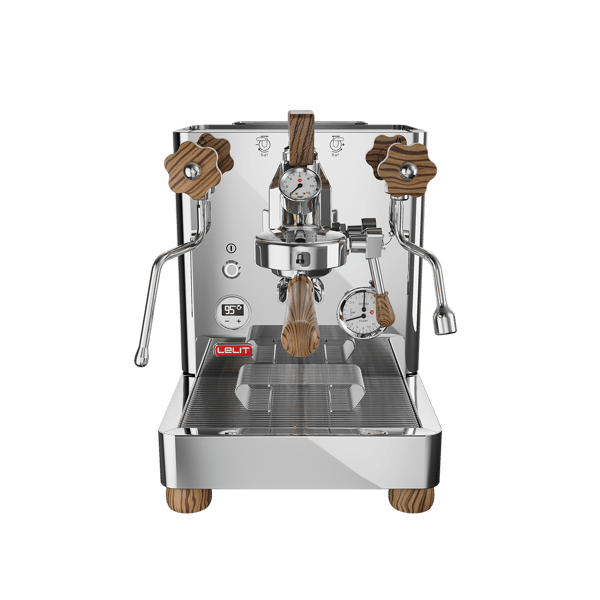 Lelit Bianca 40th Anniversary Limited Edition with the illustrated polished steel body and Zebrano wood details, official photography