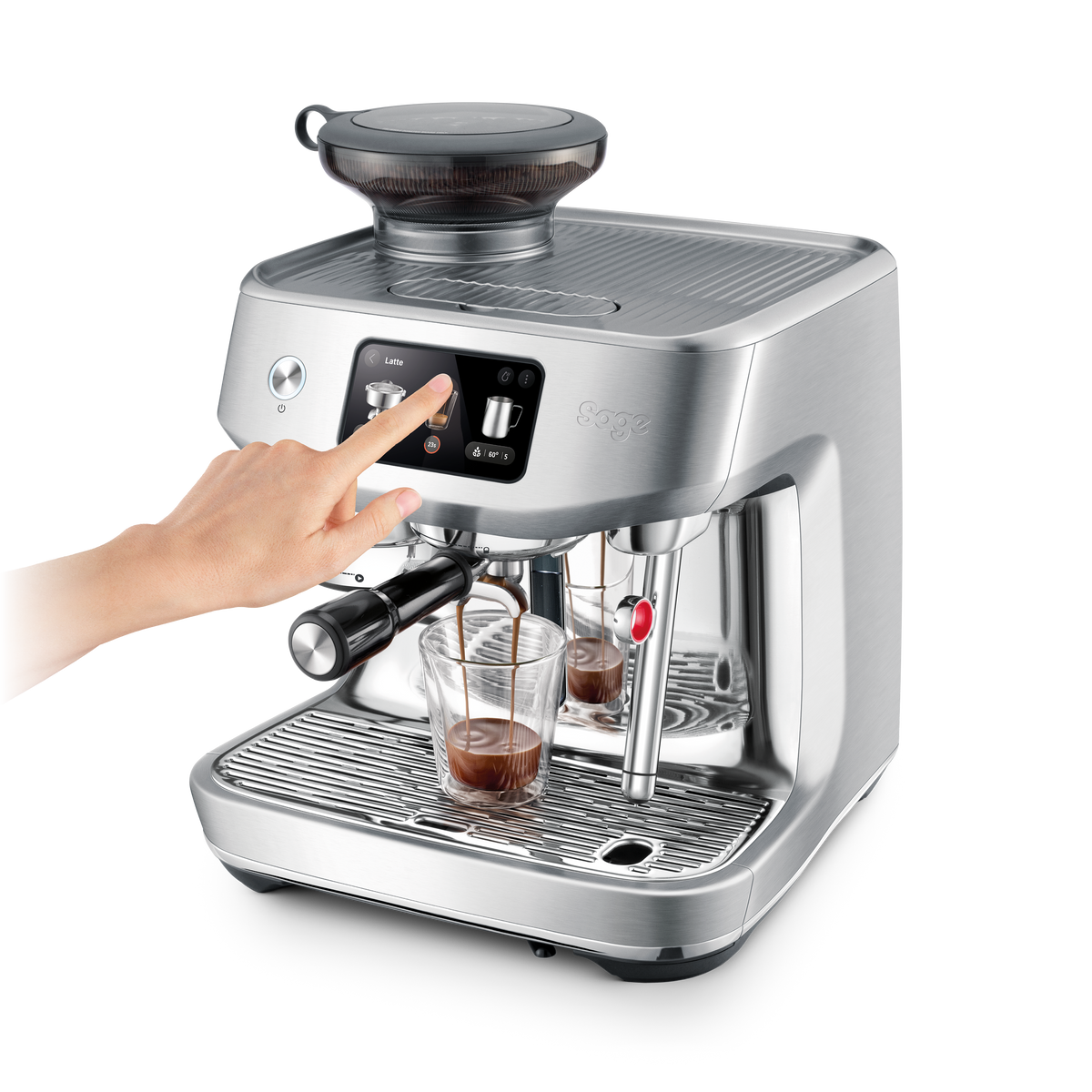 A finger on the Oracle Jet touch screen with an espresso pouring below, official Sage photography