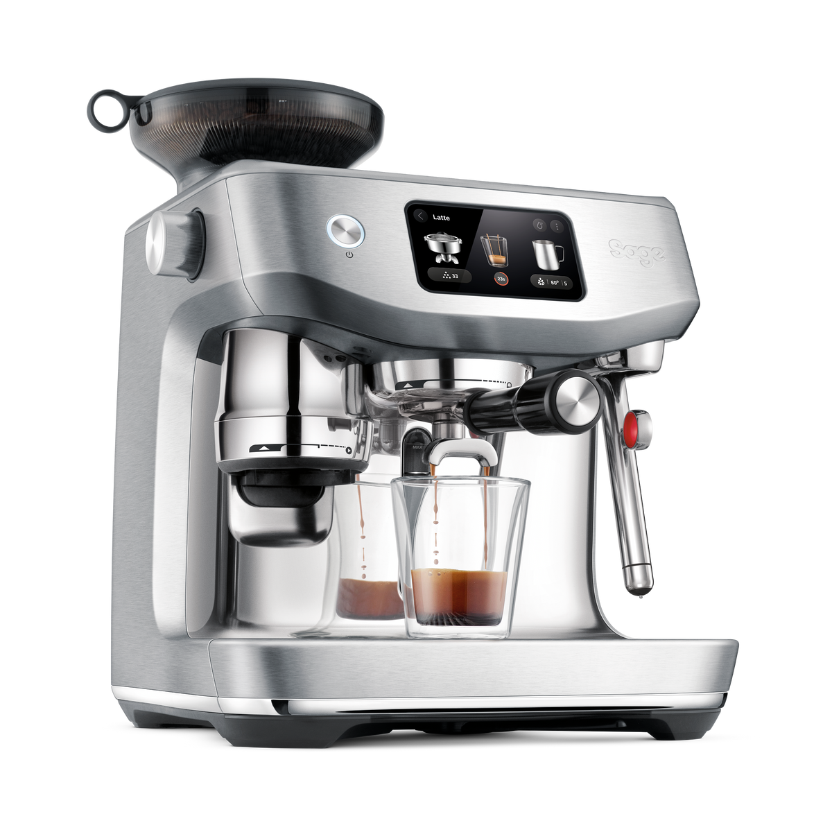 Sage the Oracle Jet in brushed stainless steel pulling two espressos at once, official Sage photography