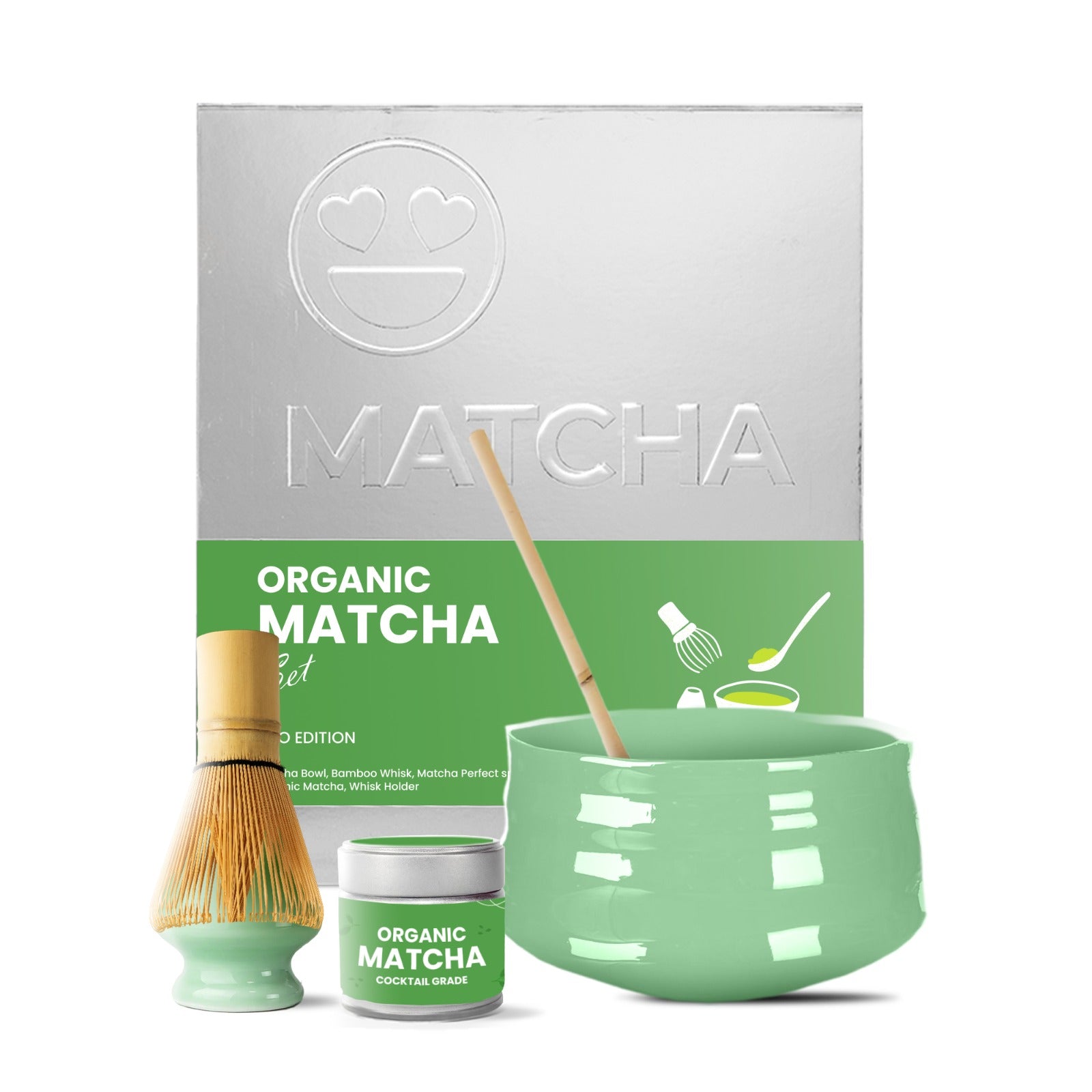 Organic Matcha Gift Set - 5 Set - Includes 30Grams Organic Matcha Powder - BeanBurds BeanBurds Silver Metallic with Green Set ORGANIC TEA