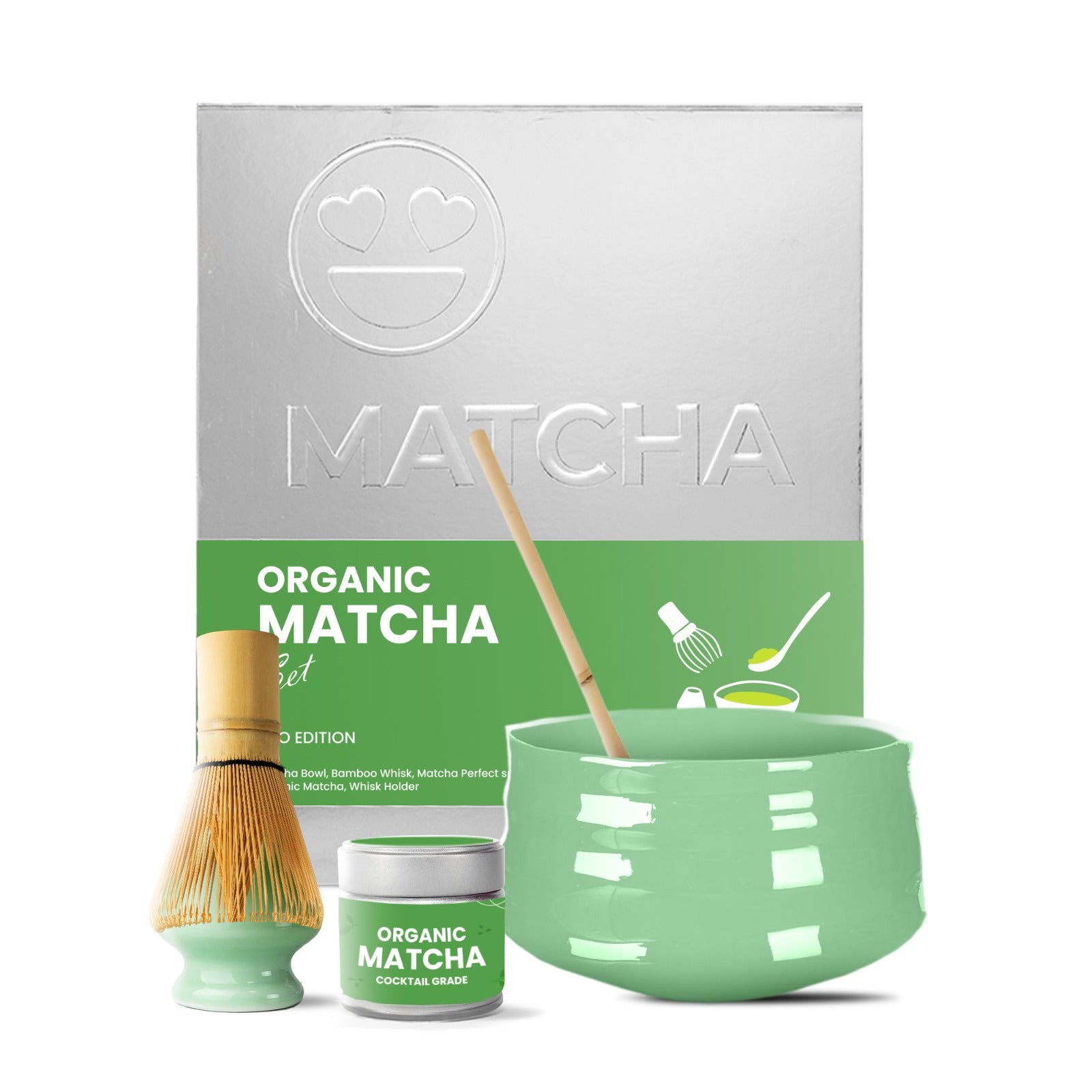 Organic Matcha Gift Set - 5 Set - Includes 30Grams Organic Matcha Powder - BeanBurds BeanBurds Silver Metallic with Green Set