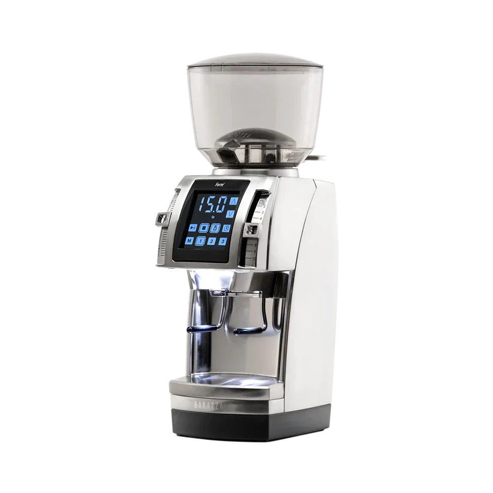 Baratza Forte AP in silver, three-quarter view with the PortaHolder fitted and the touchscreen lit, official photography