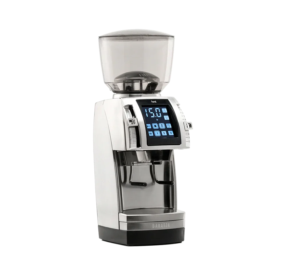 Baratza Forte AP front view with the touchscreen showing a weight preset and the grounds bin in place, official photography