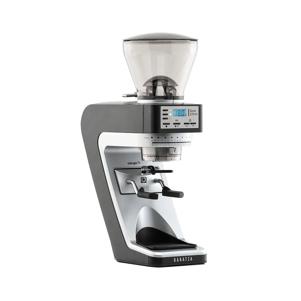 Baratza Sette 270Wi three-quarter view with grounds bin on the arms, official photography