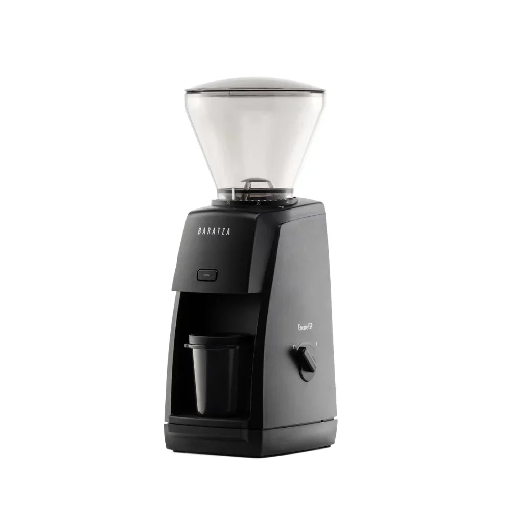 Baratza Encore ESP in black, three-quarter view with the dosing cup fitted, official photography