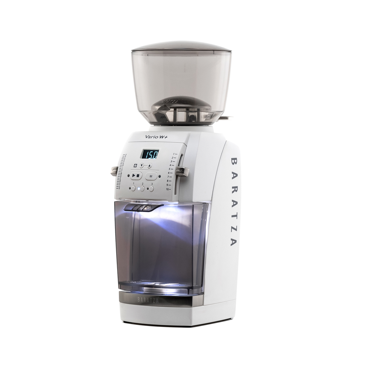 Baratza Vario W+ in white, front view with the grounds bin on the scale platform, official photography