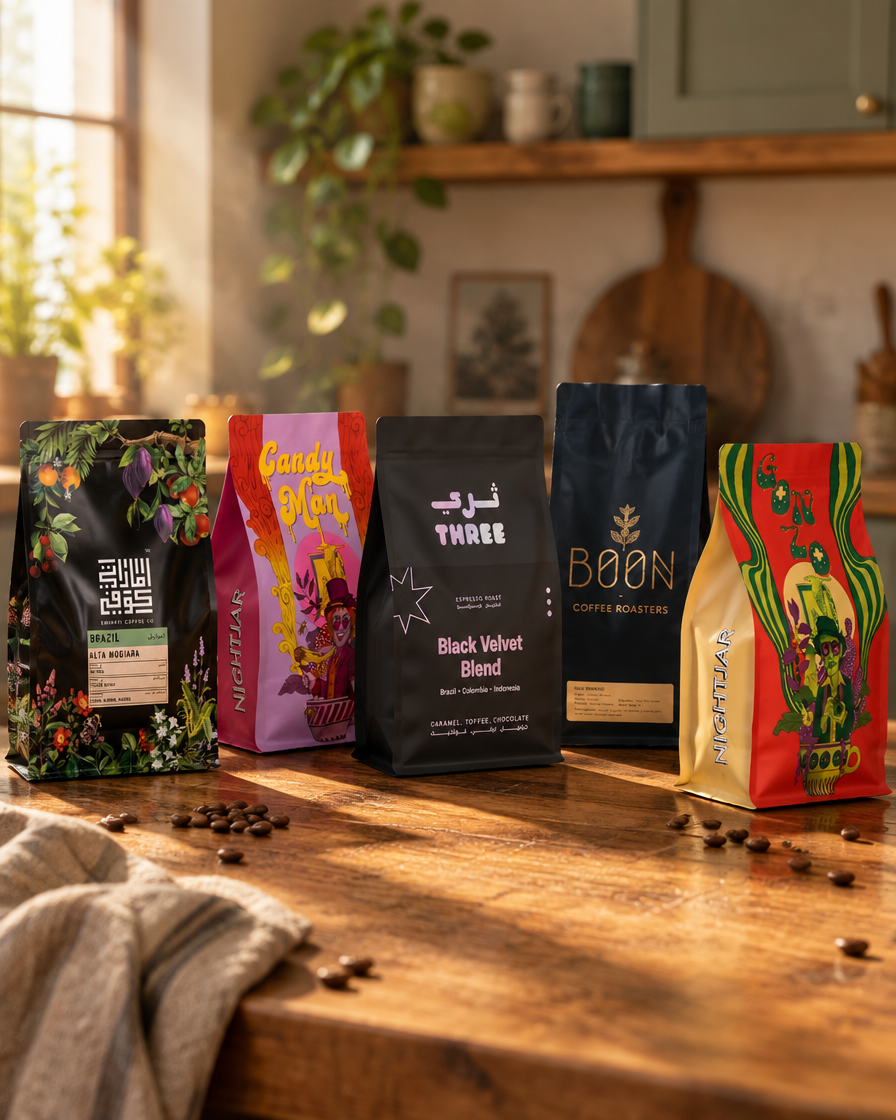Specialty coffee from UAE roasters on a kitchen counter in morning light