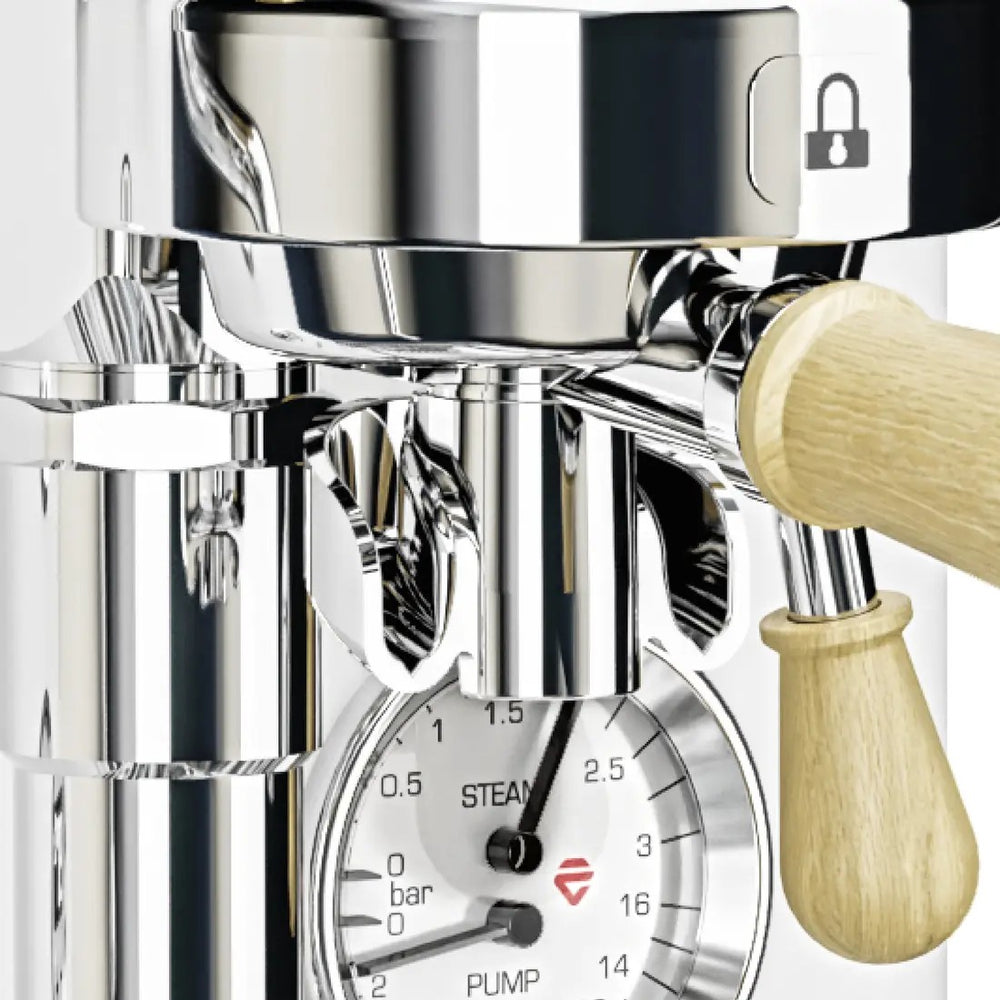 The Bianca's L58E group with wooden-handled portafilter locked in