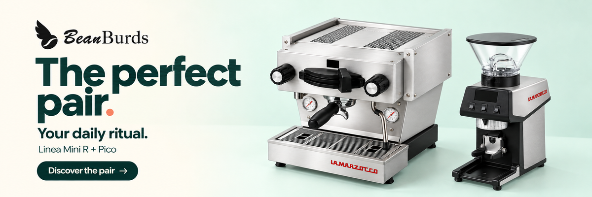 La Marzocco Linea Mini R and Pico grinder in stainless steel. The perfect pair. Your daily ritual. Linea Mini R + Pico. Discover the pair