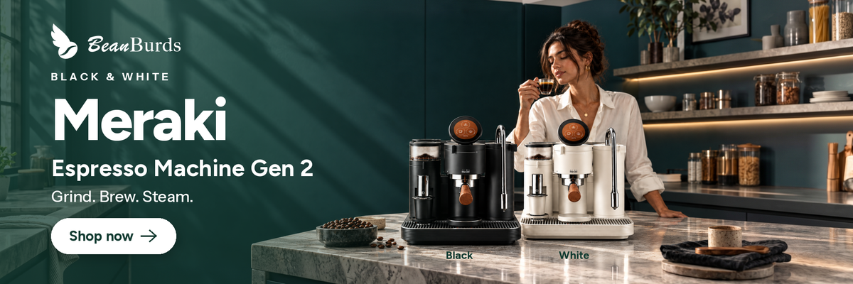 Meraki Espresso Machine Gen 2 in black and white. Grind, brew, steam. Shop now