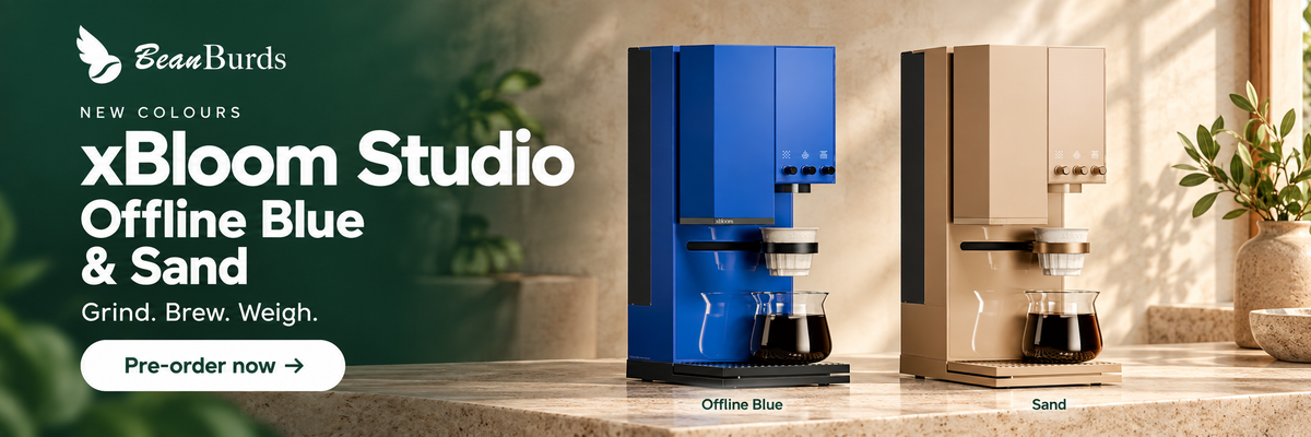 xBloom Studio in two new colours, Offline Blue and Sand. Grind, brew, weigh. Pre-order now