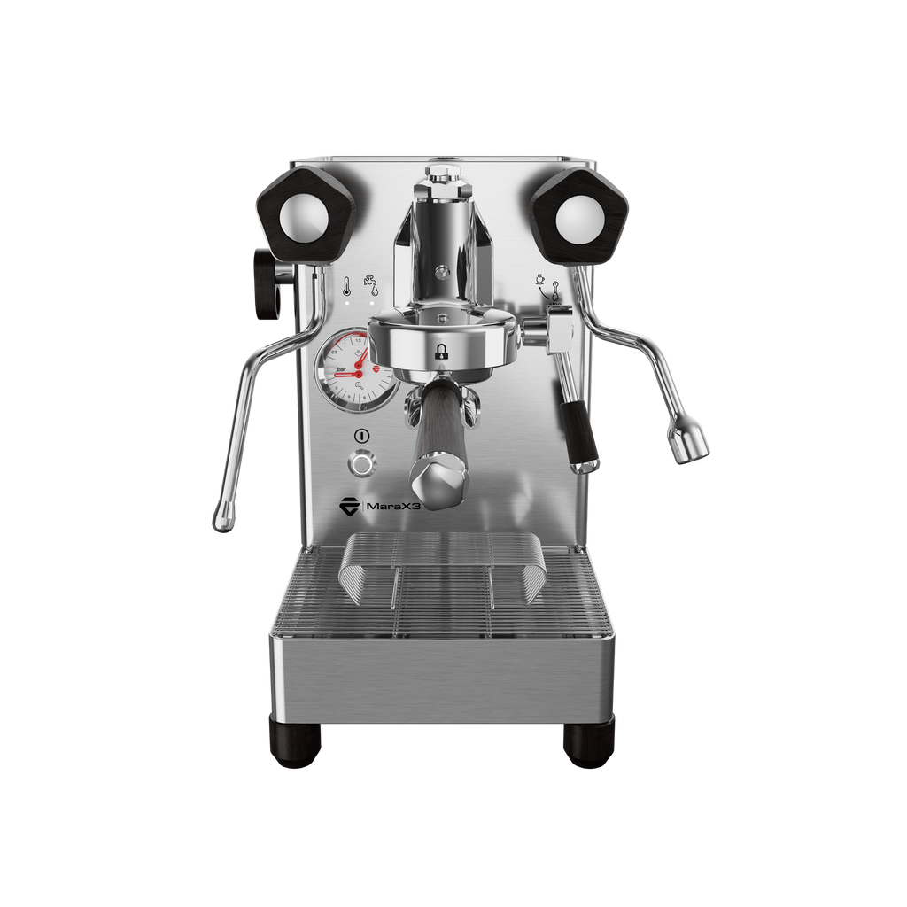 Lelit MaraX3 espresso machine in Brushed Stainless Steel, front view