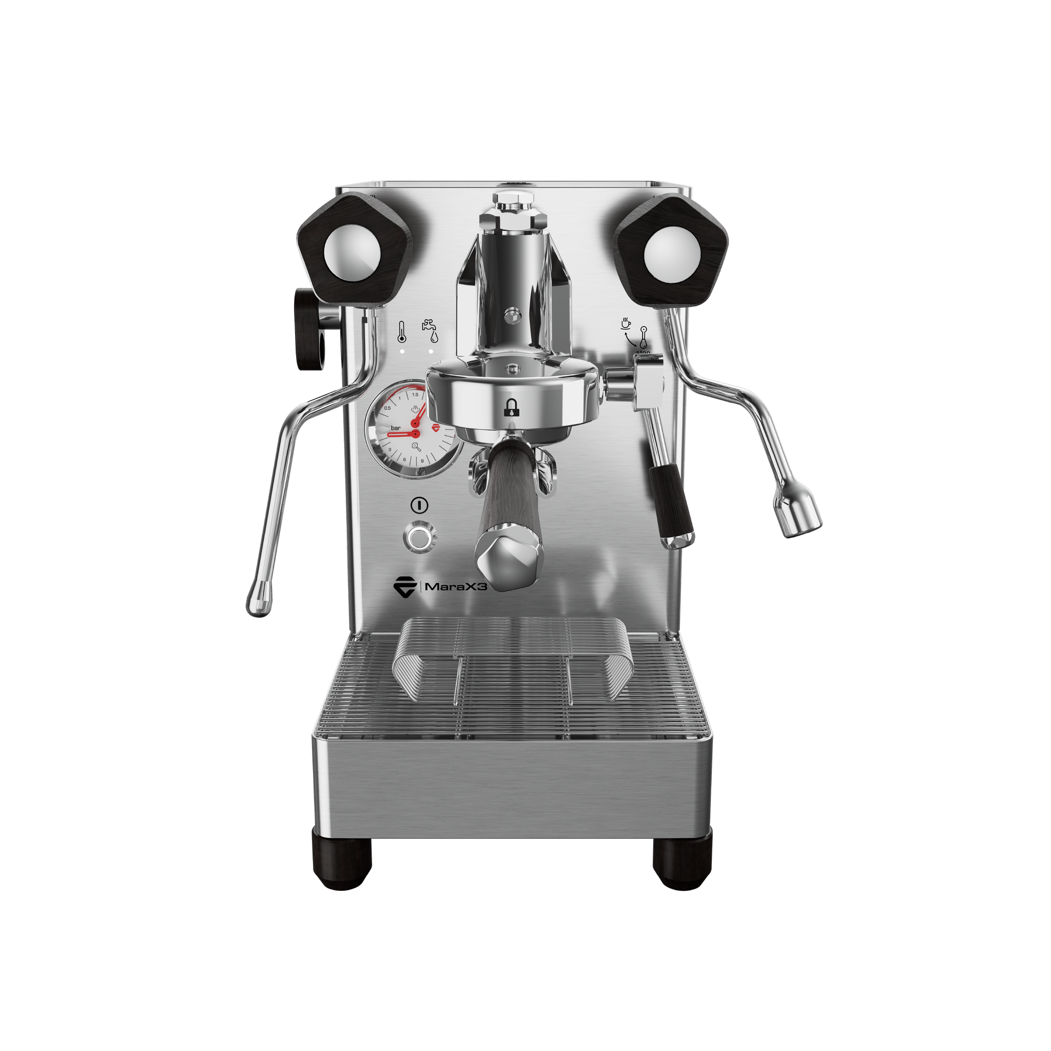 Lelit MaraX3 espresso machine in Brushed Stainless Steel, front view