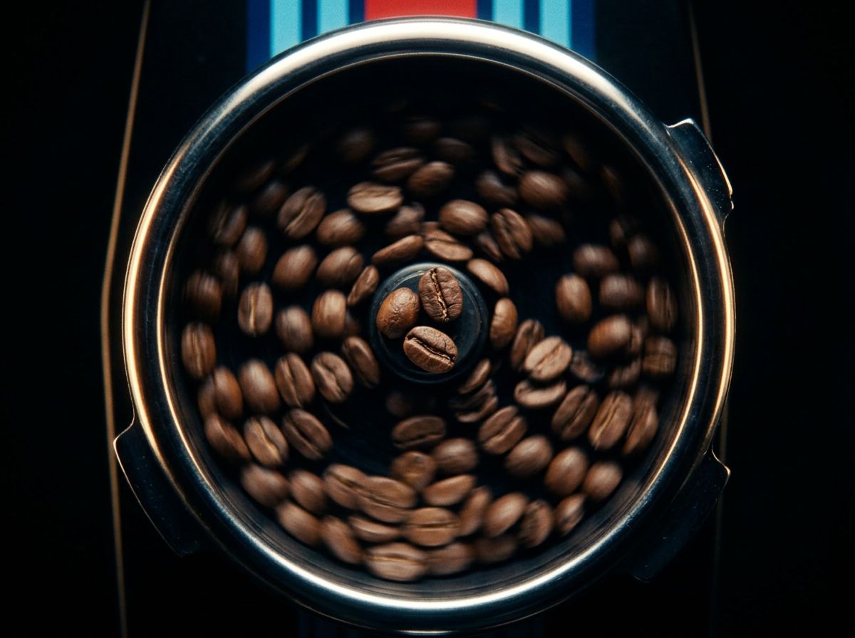 Coffee beans spinning in a grinder viewed from above