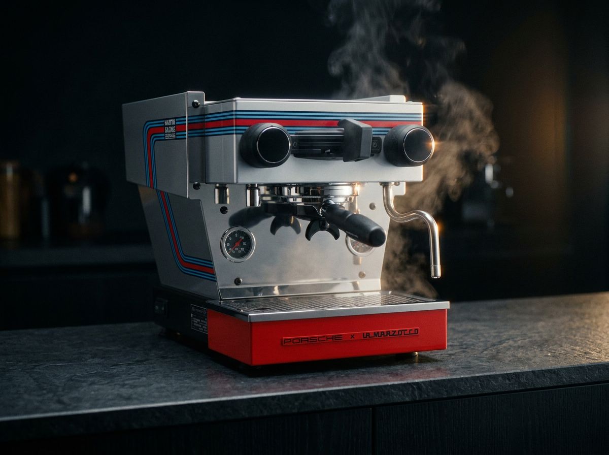 Front three-quarter view of the Mertini Edition with steam rising