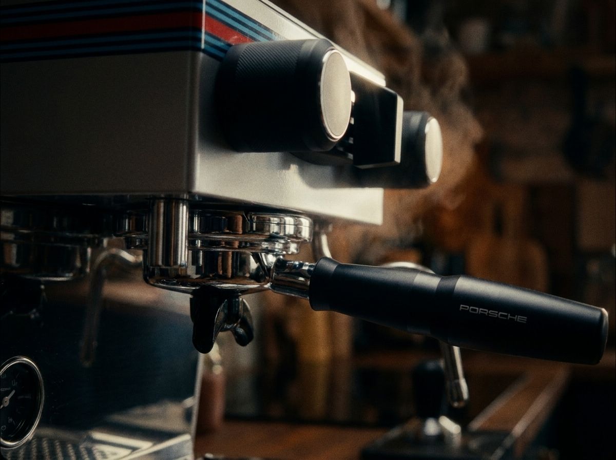 Close view of the Porsche-branded professional portafilter