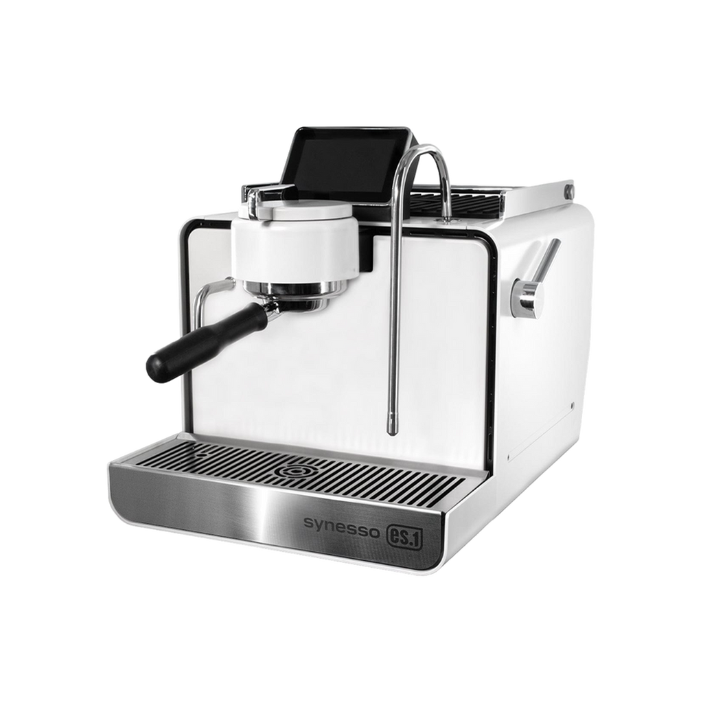 SYNESSO ES1 COMPACT SINGLE HEAD COFFEE MACHINE — White; consistent elevated view, square transparent image