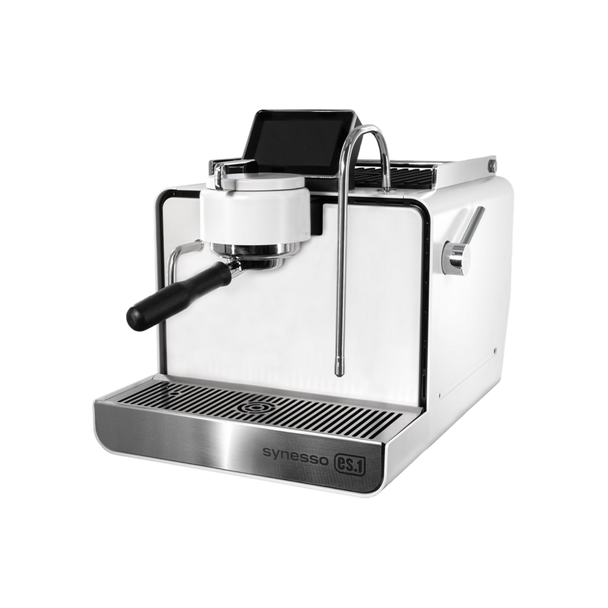 SYNESSO ES1 COMPACT SINGLE HEAD COFFEE MACHINE — White; consistent elevated view, square transparent image