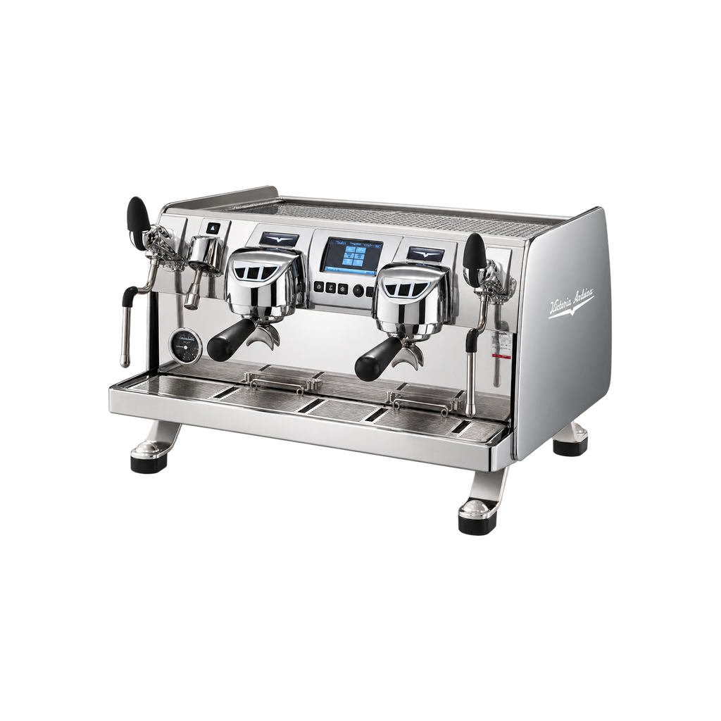 Victoria Arduino Black Eagle Gravitech Espresso Machine – Steelux Finish — 2 Group; consistent elevated view, square transparent image