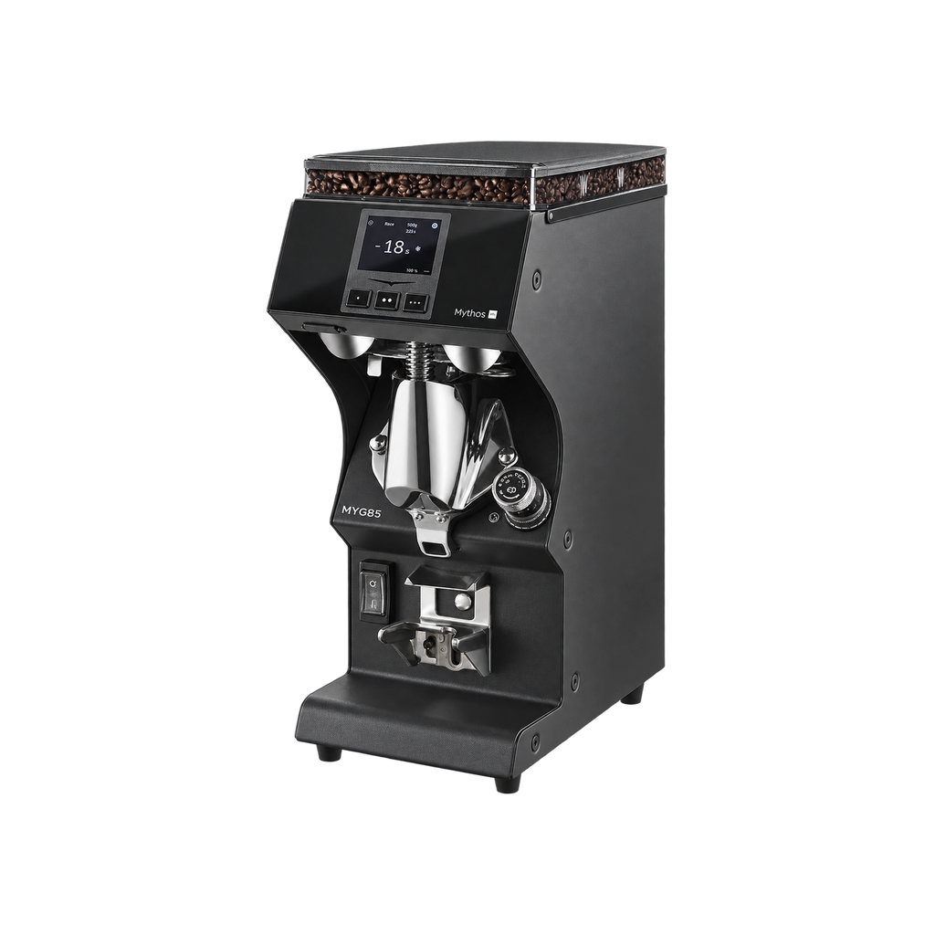 Victoria Arduino Mythos MYG85, Gravitech Espresso Grinder — Black; consistent elevated view, square transparent image