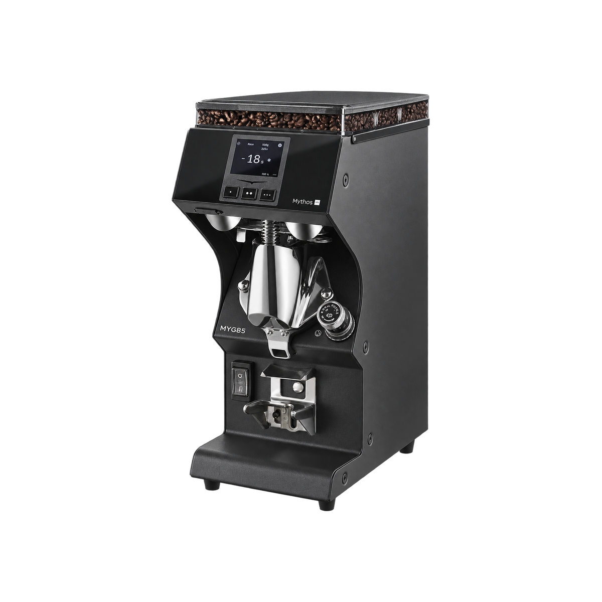 Victoria Arduino Mythos MYG85, Gravitech Espresso Grinder — Black; consistent elevated view, square transparent image