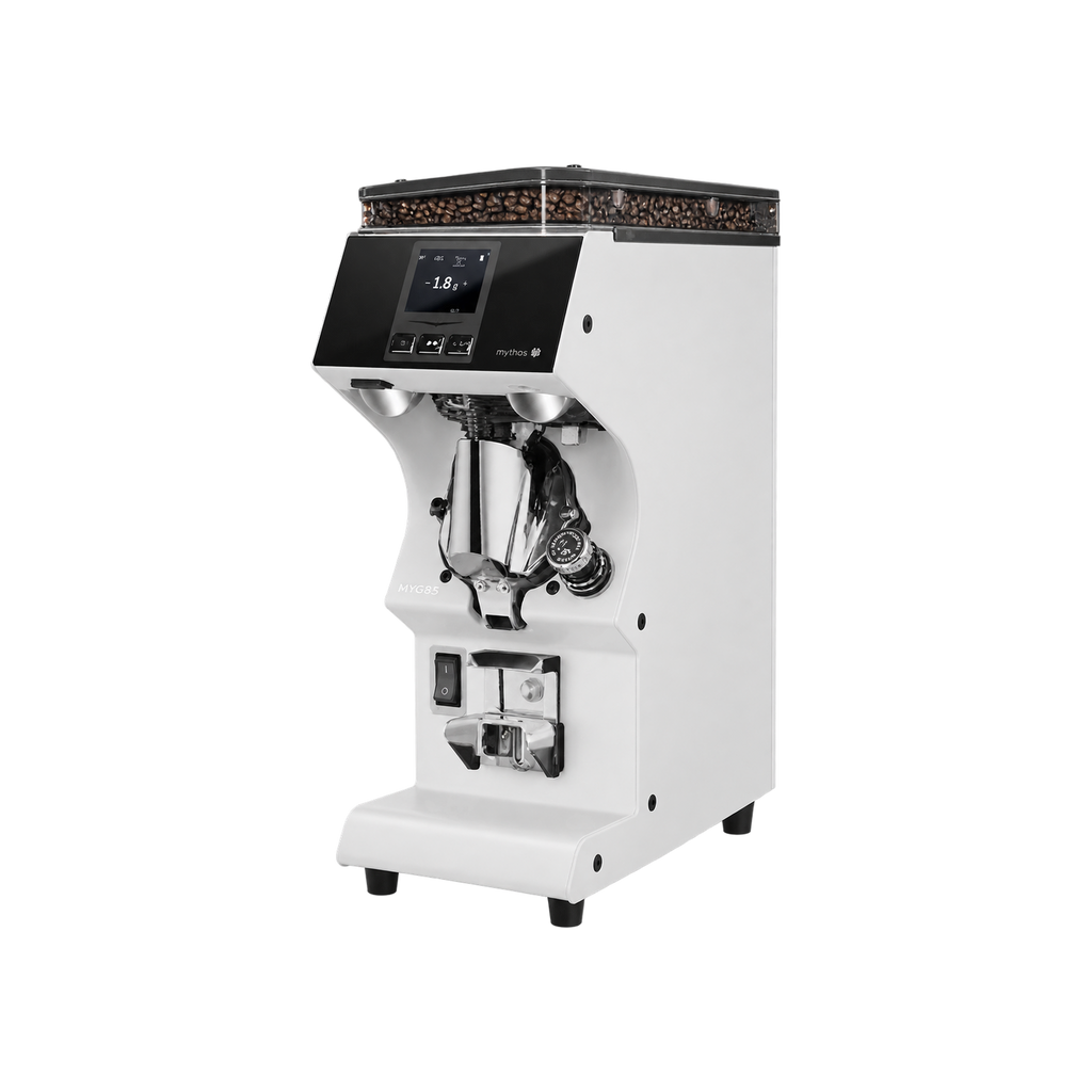 Victoria Arduino Mythos MYG85, Gravitech Espresso Grinder — White; consistent elevated view, square transparent image