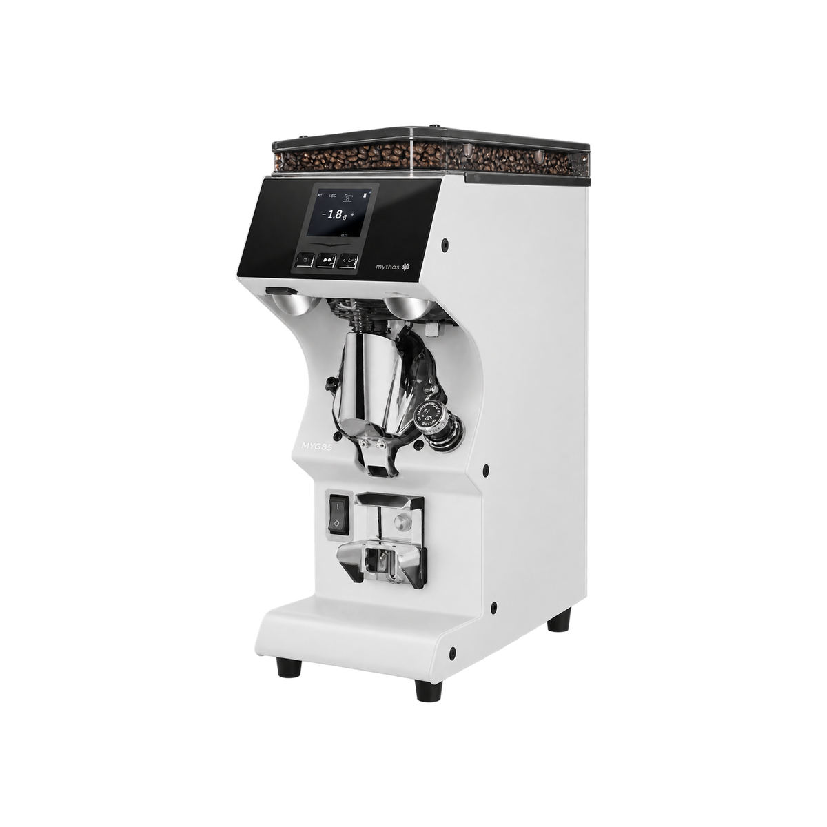 Victoria Arduino Mythos MYG85, Gravitech Espresso Grinder — White; consistent elevated view, square transparent image