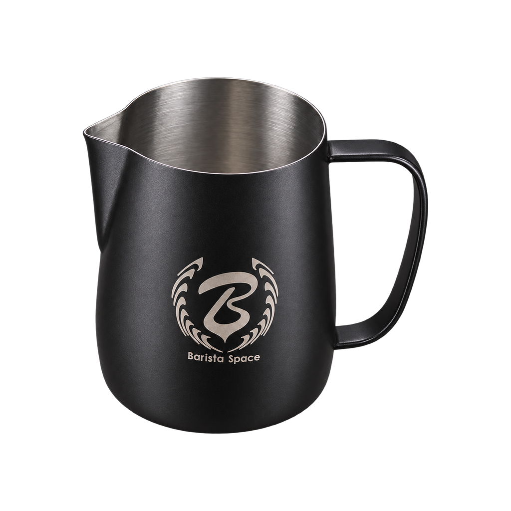 Barista Space Pitcher 450ml — Teflon Black; consistent elevated view, square transparent image