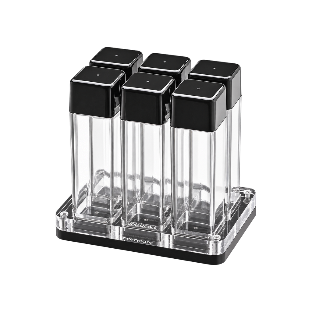 Normcore Coffee Bean Cellars with Stand — 6 Tubes / Transparent; consistent elevated view, square transparent image