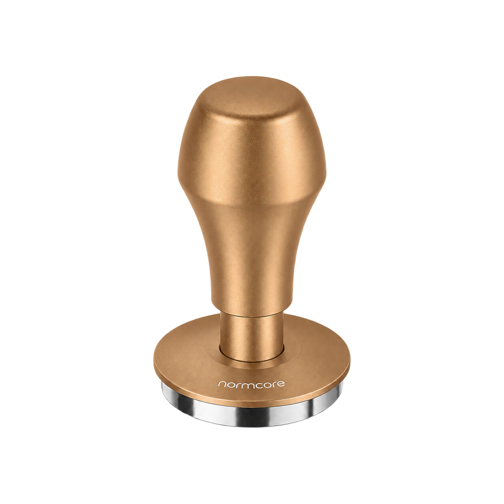 Normcore Spring-loaded Tamper V4.1 with Click Sound — 58.5mm / Bronze; consistent elevated view, square transparent image