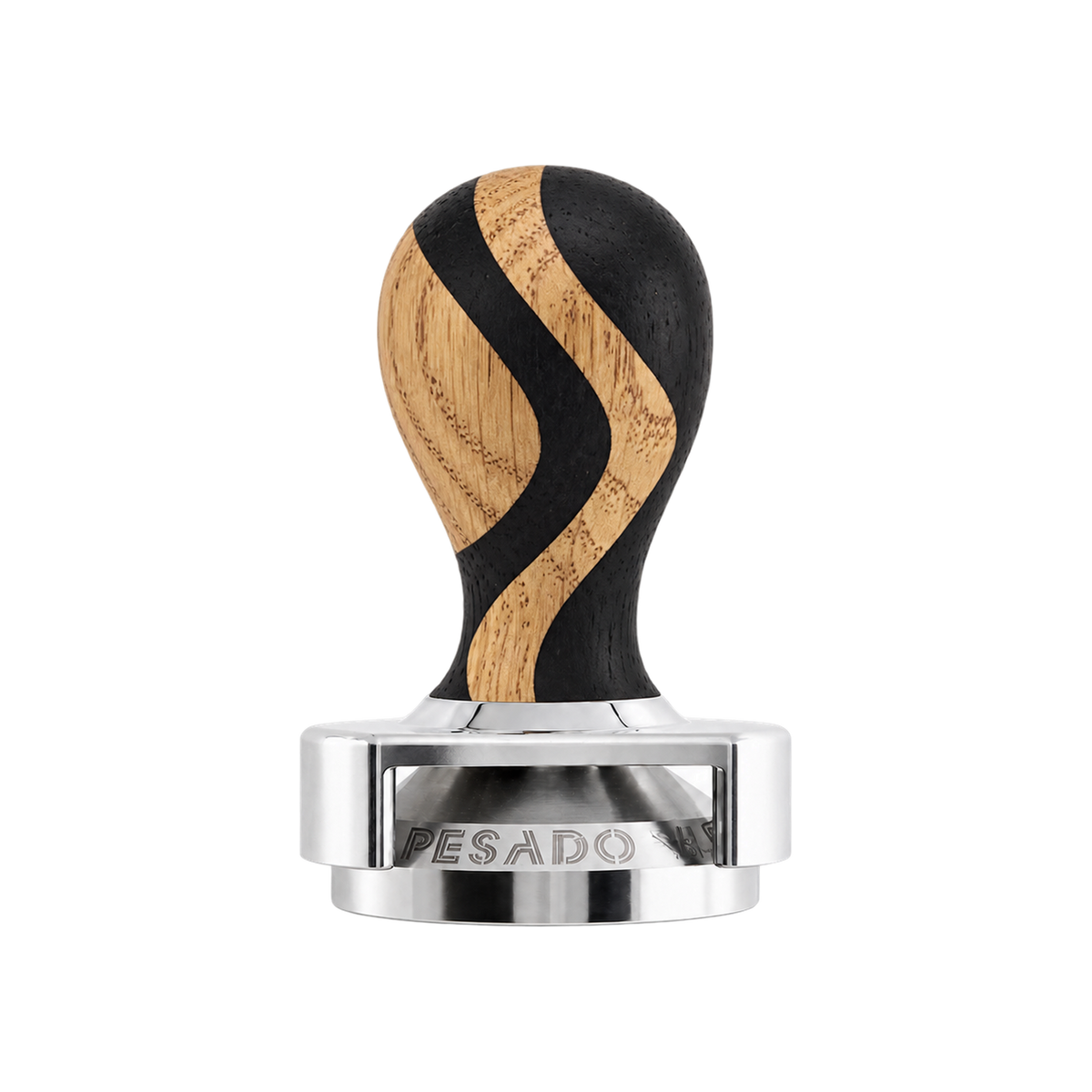 Pesado Tamper w/ Depth Adjuster 58.5mm — Ola; consistent elevated view, square transparent image