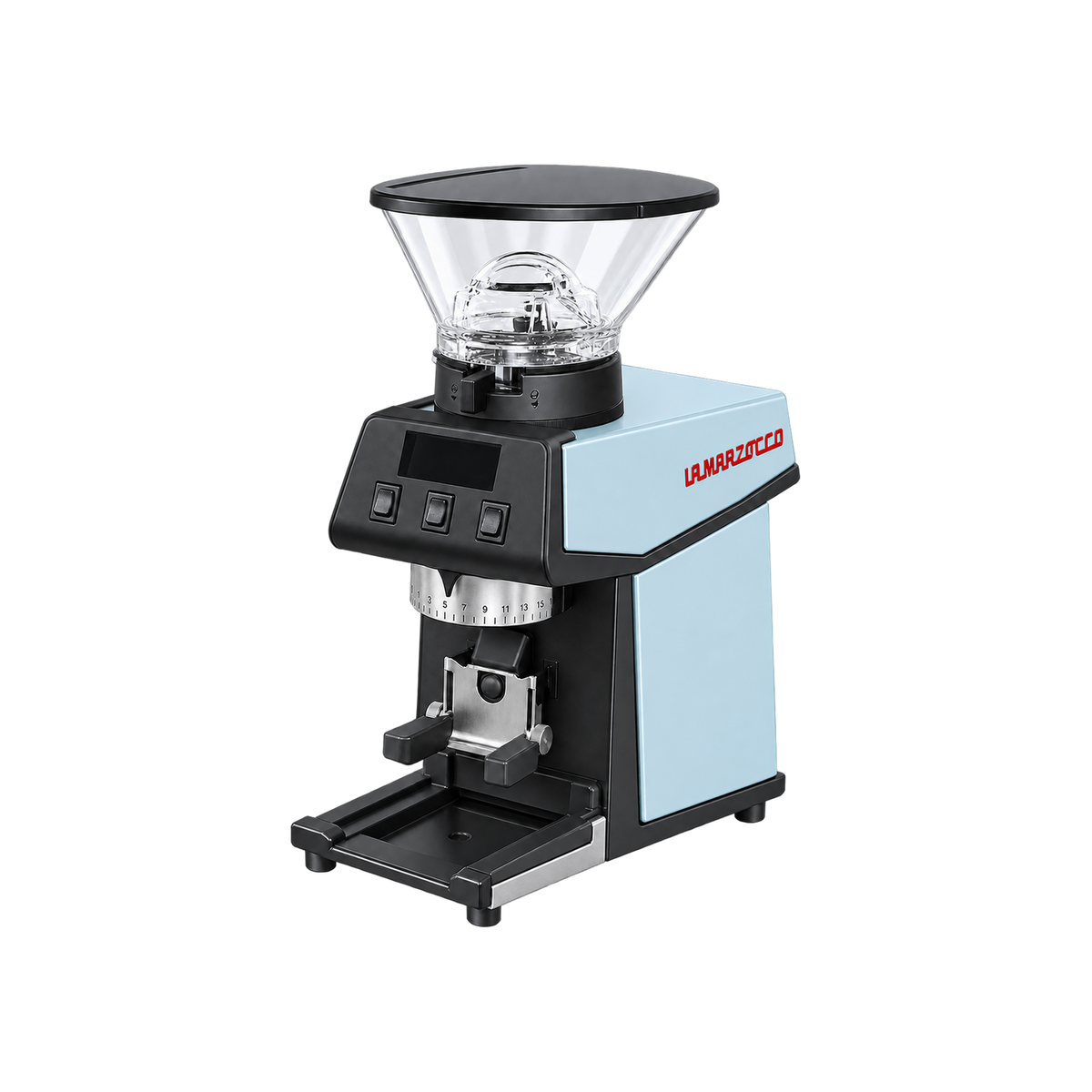 La Marzocco Pico Grinder — Light Blue; consistent elevated angle, square transparent image