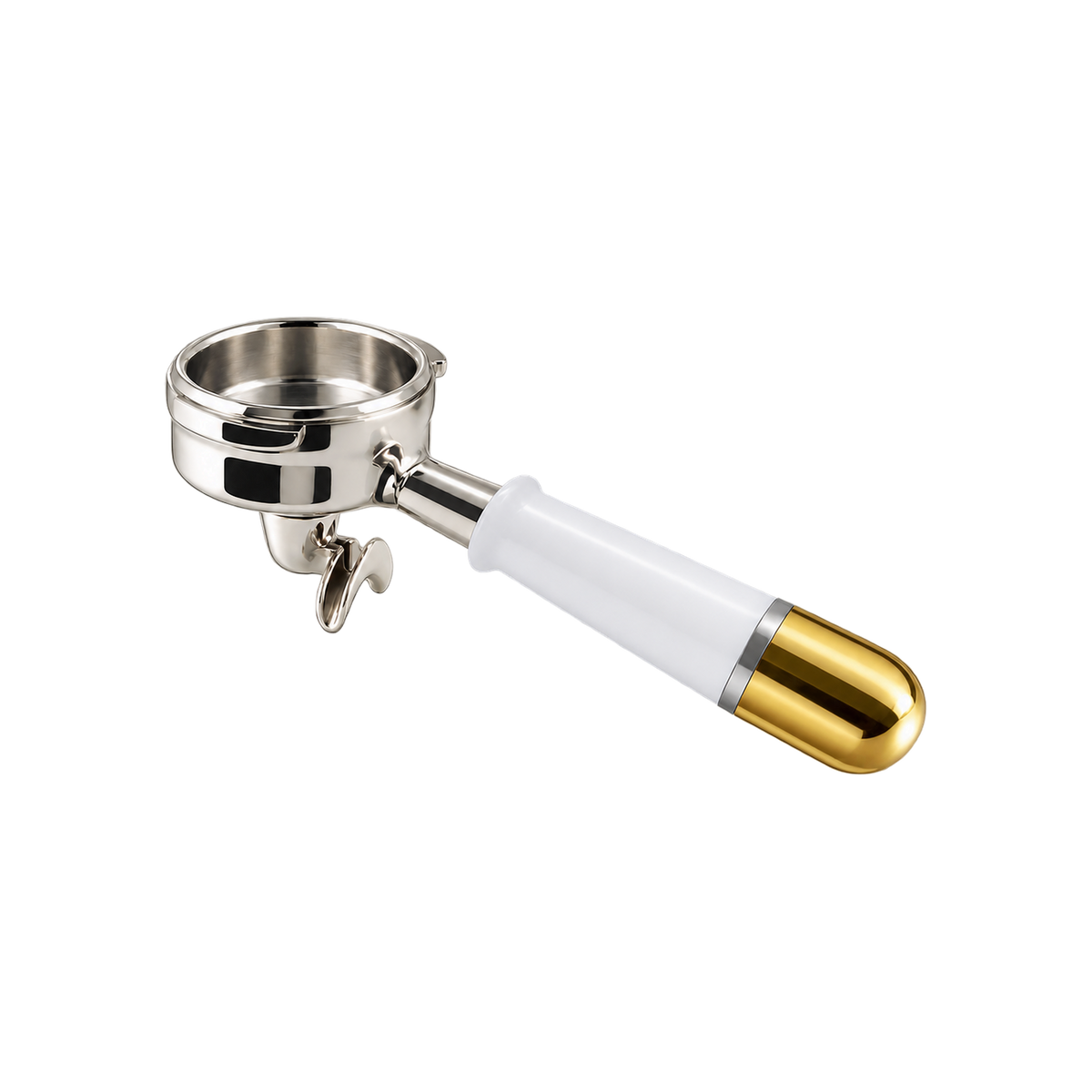 Pesado Spouted Portafilter — White & Gold; consistent elevated view, square transparent image