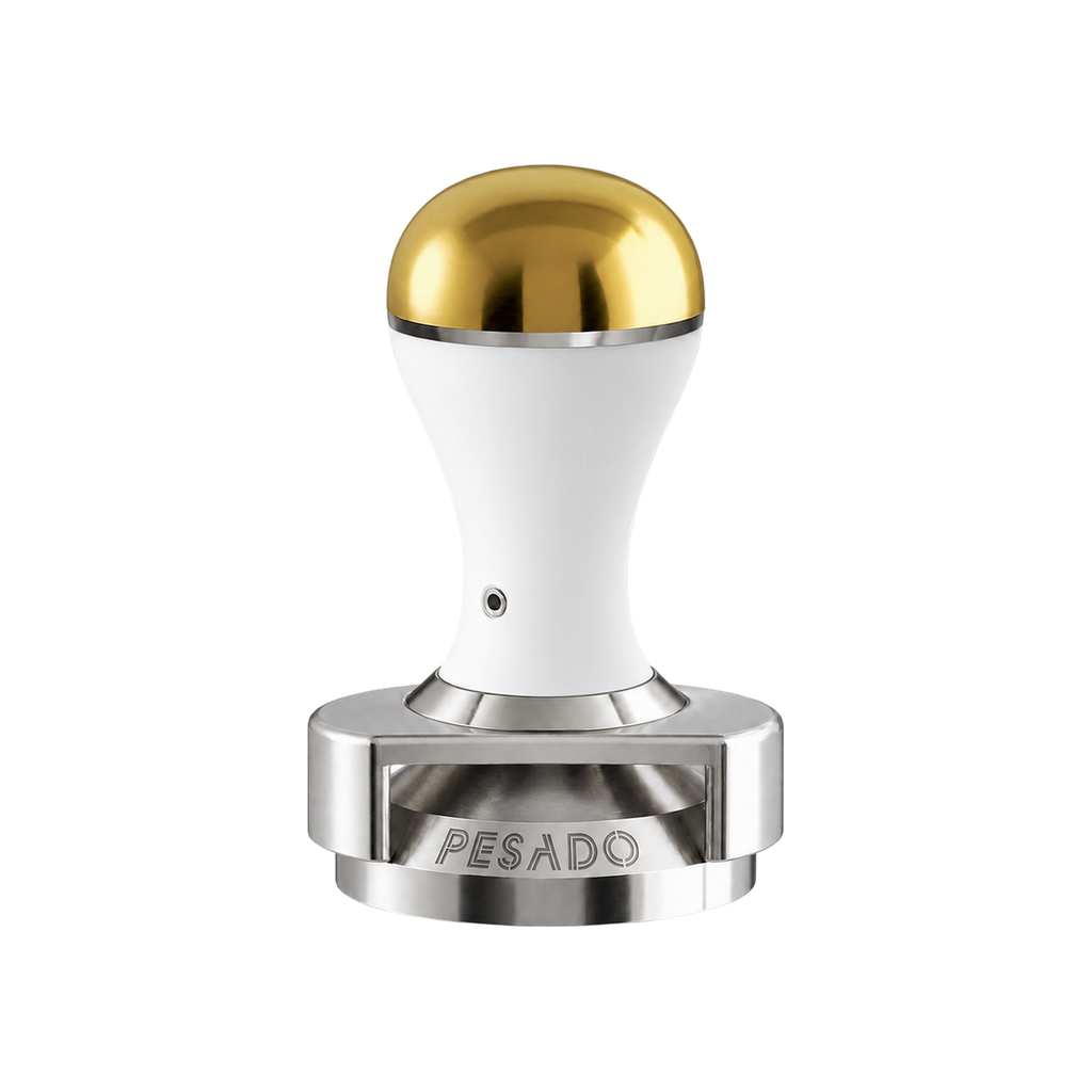 Pesado Tamper w/ Depth Adjuster 58.5mm — White & Gold; consistent elevated view, square transparent image