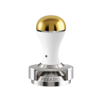 Pesado Tamper w/ Depth Adjuster 58.5mm — White & Gold; consistent elevated view, square transparent image