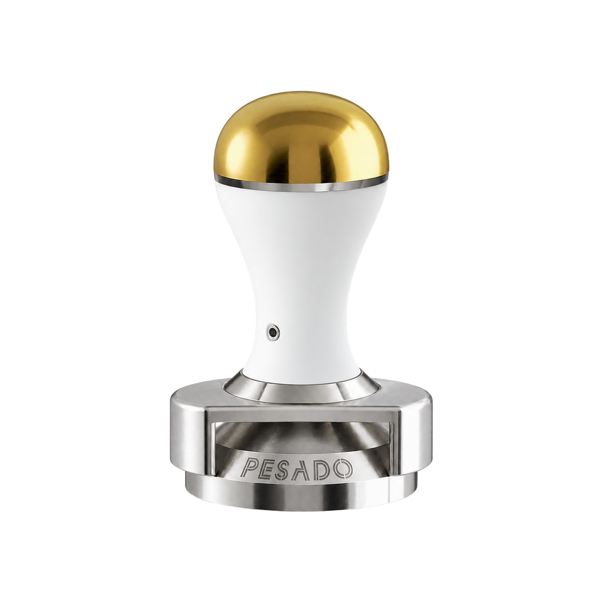 Pesado Tamper w/ Depth Adjuster 58.5mm — White & Gold; consistent elevated view, square transparent image