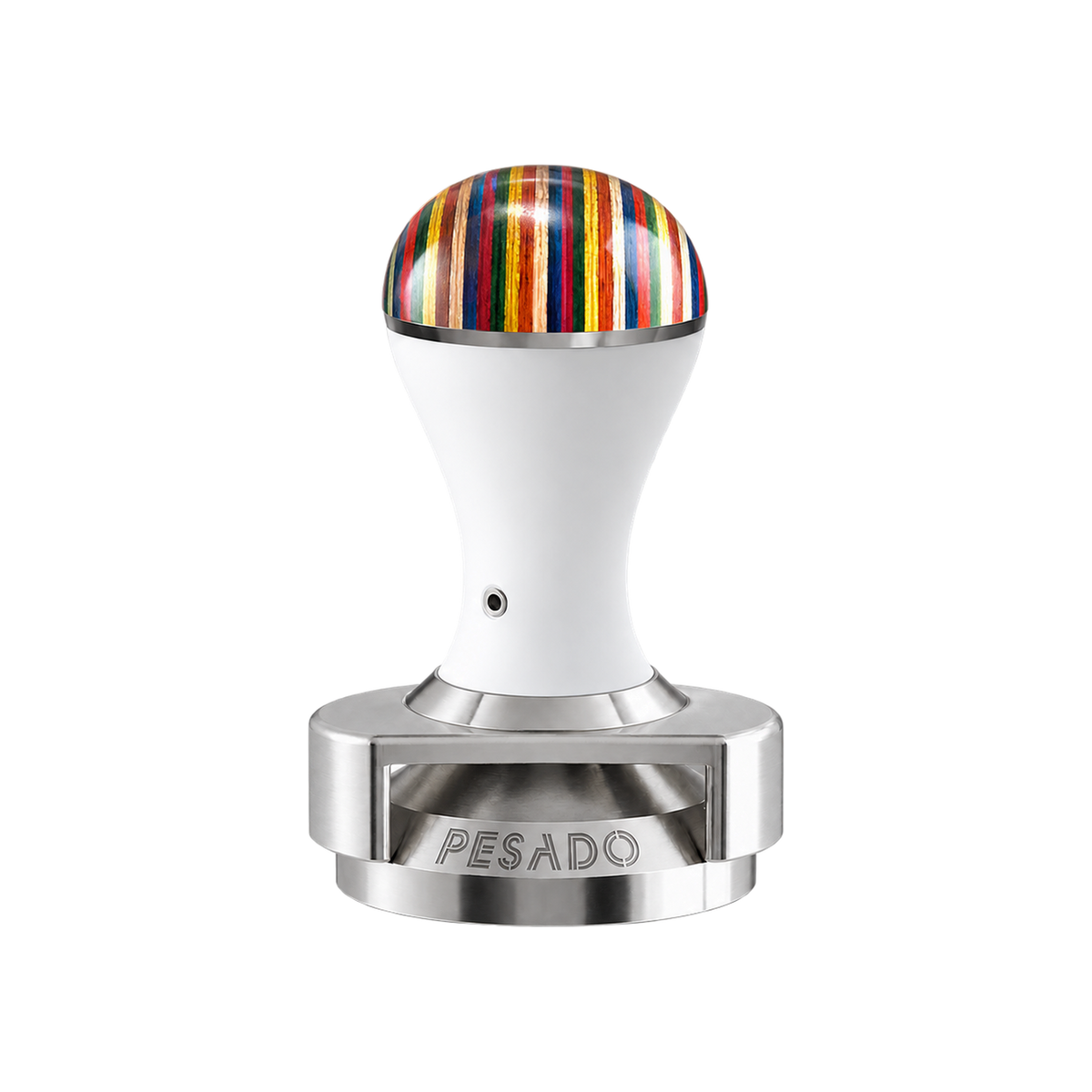 Pesado Tamper w/ Depth Adjuster 58.5mm — White Iris; consistent elevated view, square transparent image