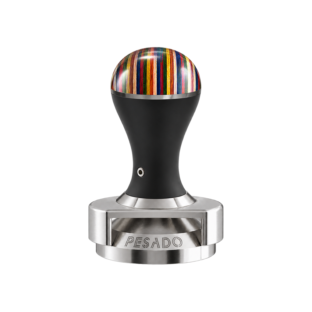 Pesado Tamper w/ Depth Adjuster 58.5mm — Black Iris; consistent elevated view, square transparent image
