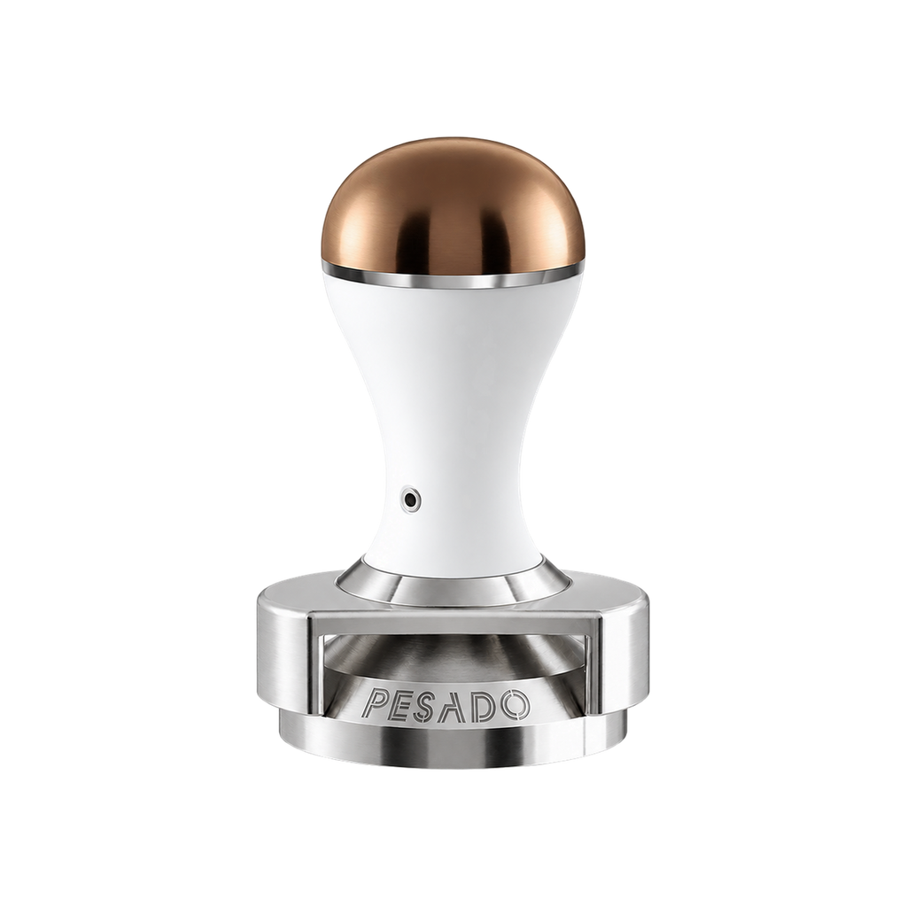 Pesado Tamper w/ Depth Adjuster 58.5mm — White & Bronze; consistent elevated view, square transparent image
