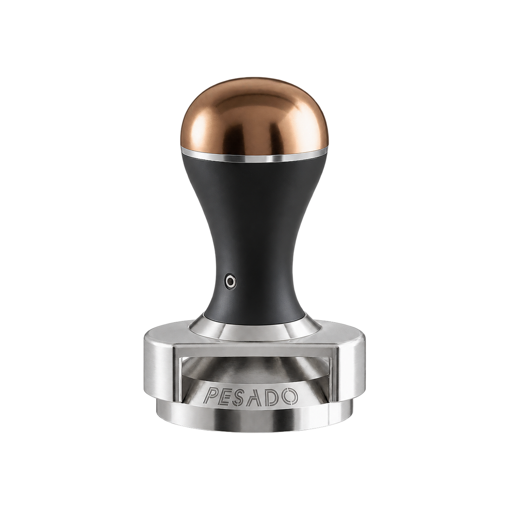 Pesado Tamper w/ Depth Adjuster 58.5mm — Black & Bronze; consistent elevated view, square transparent image