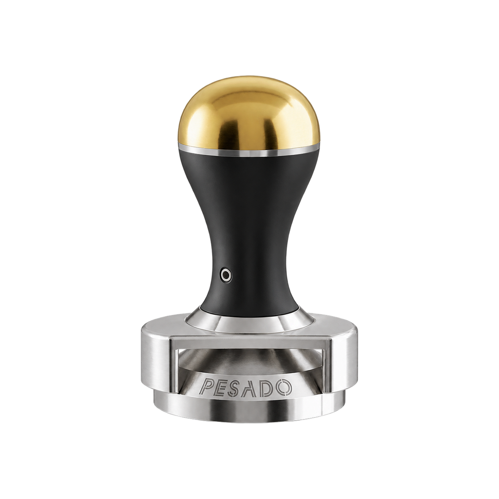 Pesado Tamper w/ Depth Adjuster 58.5mm — Black & Gold; consistent elevated view, square transparent image