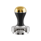 Pesado Tamper w/ Depth Adjuster 58.5mm — Black & Gold; consistent elevated view, square transparent image