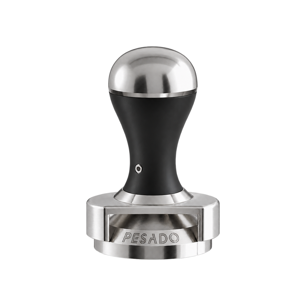 Pesado Tamper w/ Depth Adjuster 58.5mm — Black & Silver; consistent elevated view, square transparent image